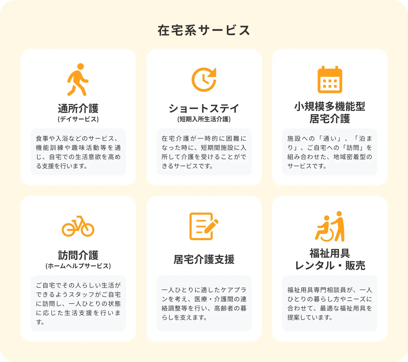 在宅サービス【通所介護(デイサービス) / ショートステイ(短期入所生活介護) / 小規模多機能型居宅介護 / 訪問介護(ホームヘルパー) / ケアマネジメント / 福祉用具レンタル・販売】