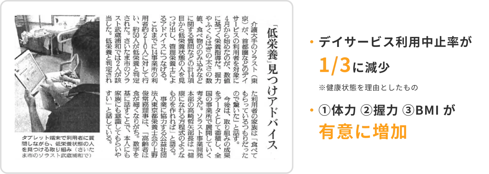 ・デイサービス利用中止率が1/3に減少※健康状態を理由としたもの/・①体力 ②握力 ③BMI が有意に増加